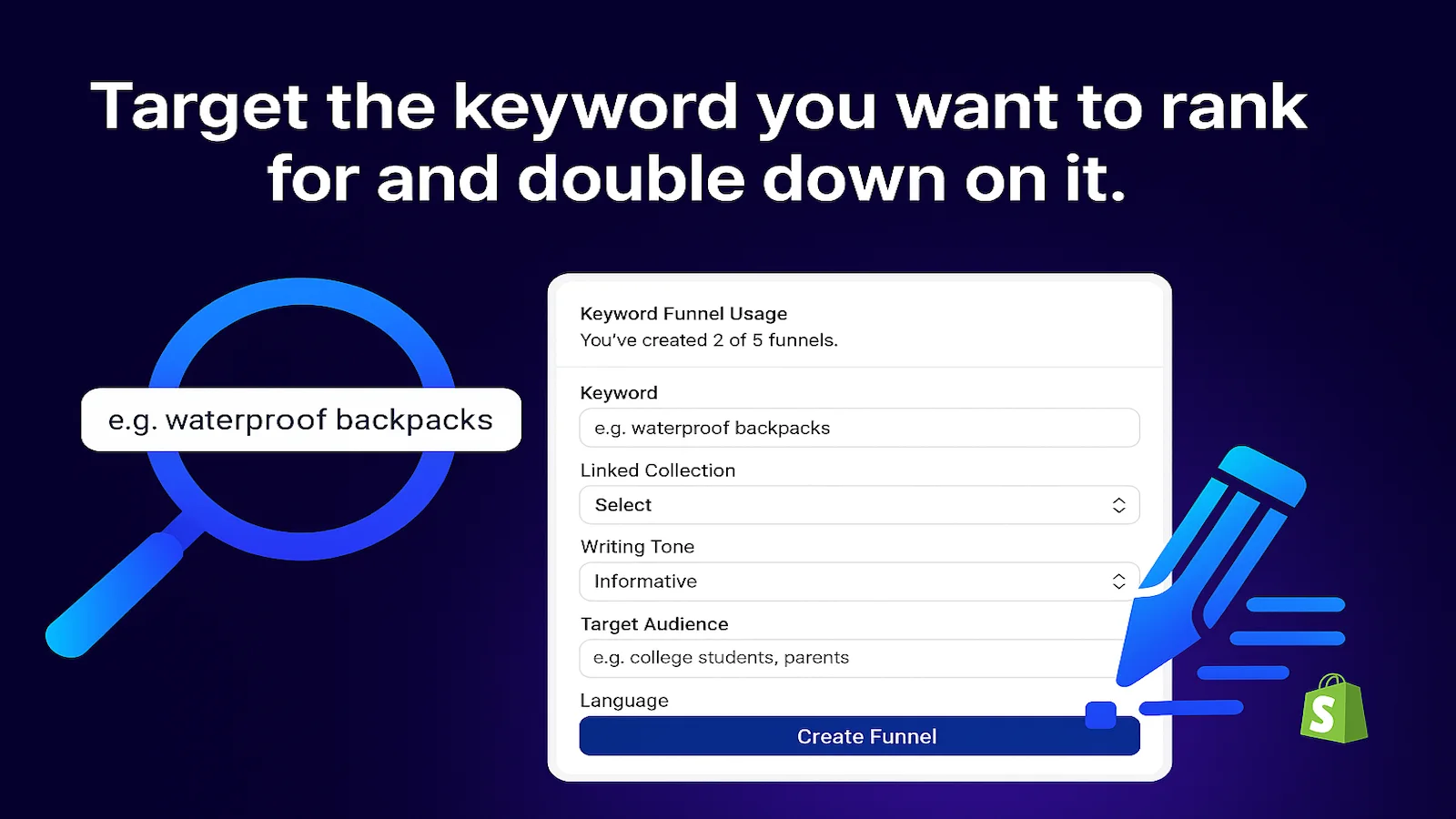 Afily keyword funnel setup interface