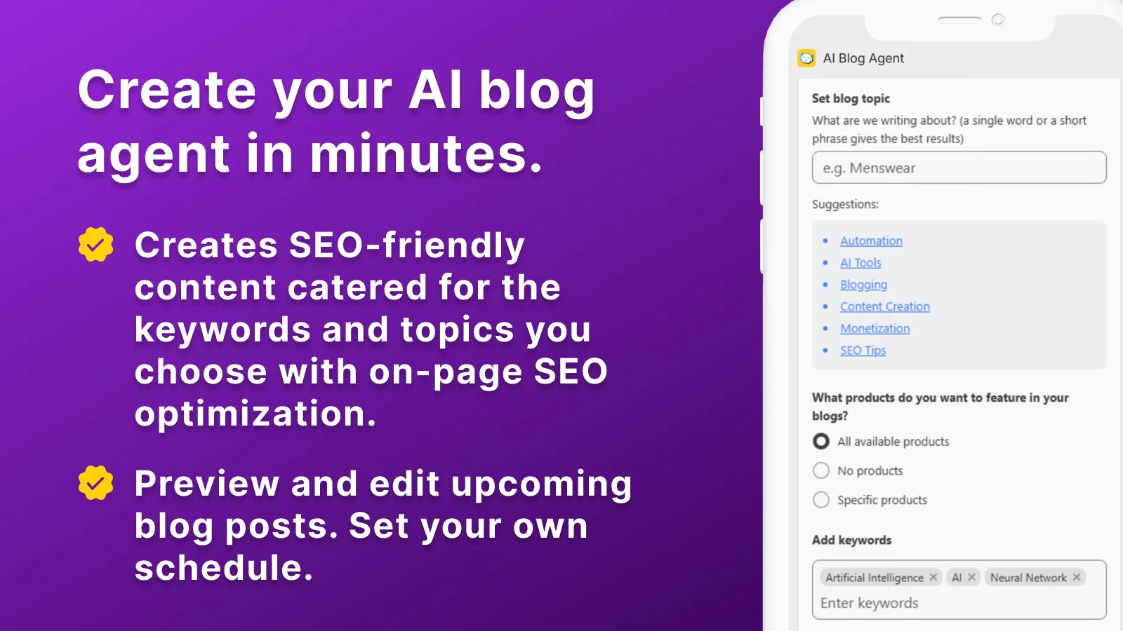 AI Blog Agent setup interface