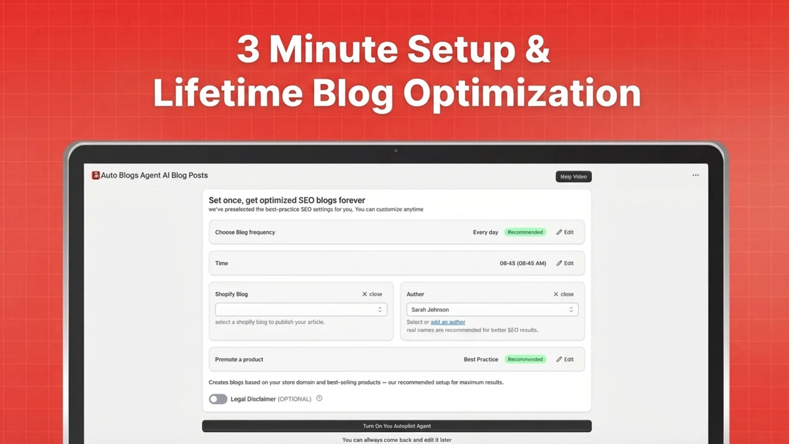 Auto Blogs Agent setup and optimization interface