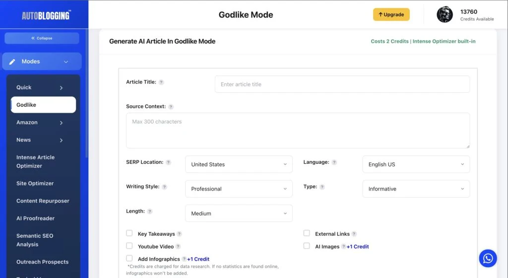 Autoblogging.ai Godlike Mode dashboard interface