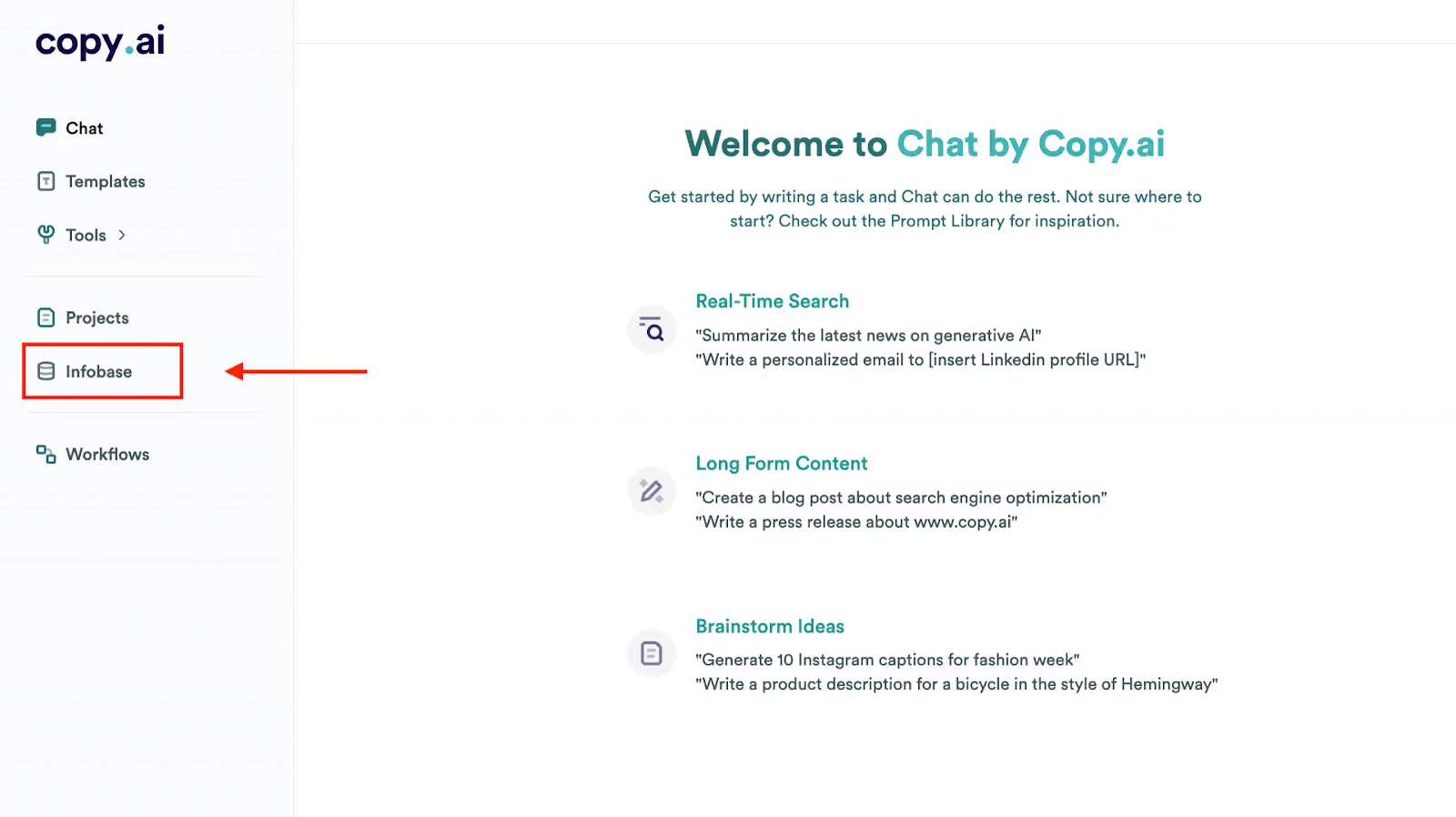 Copy.ai Infobase interface