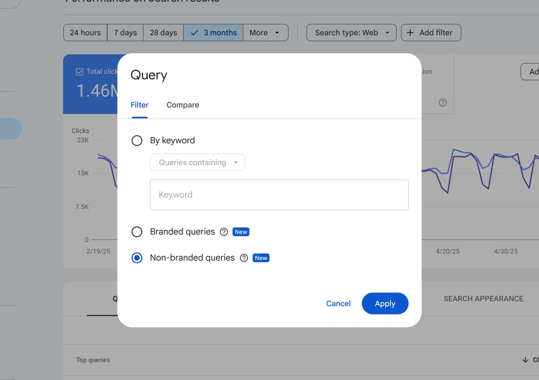 Google Search Console branded queries filter interface