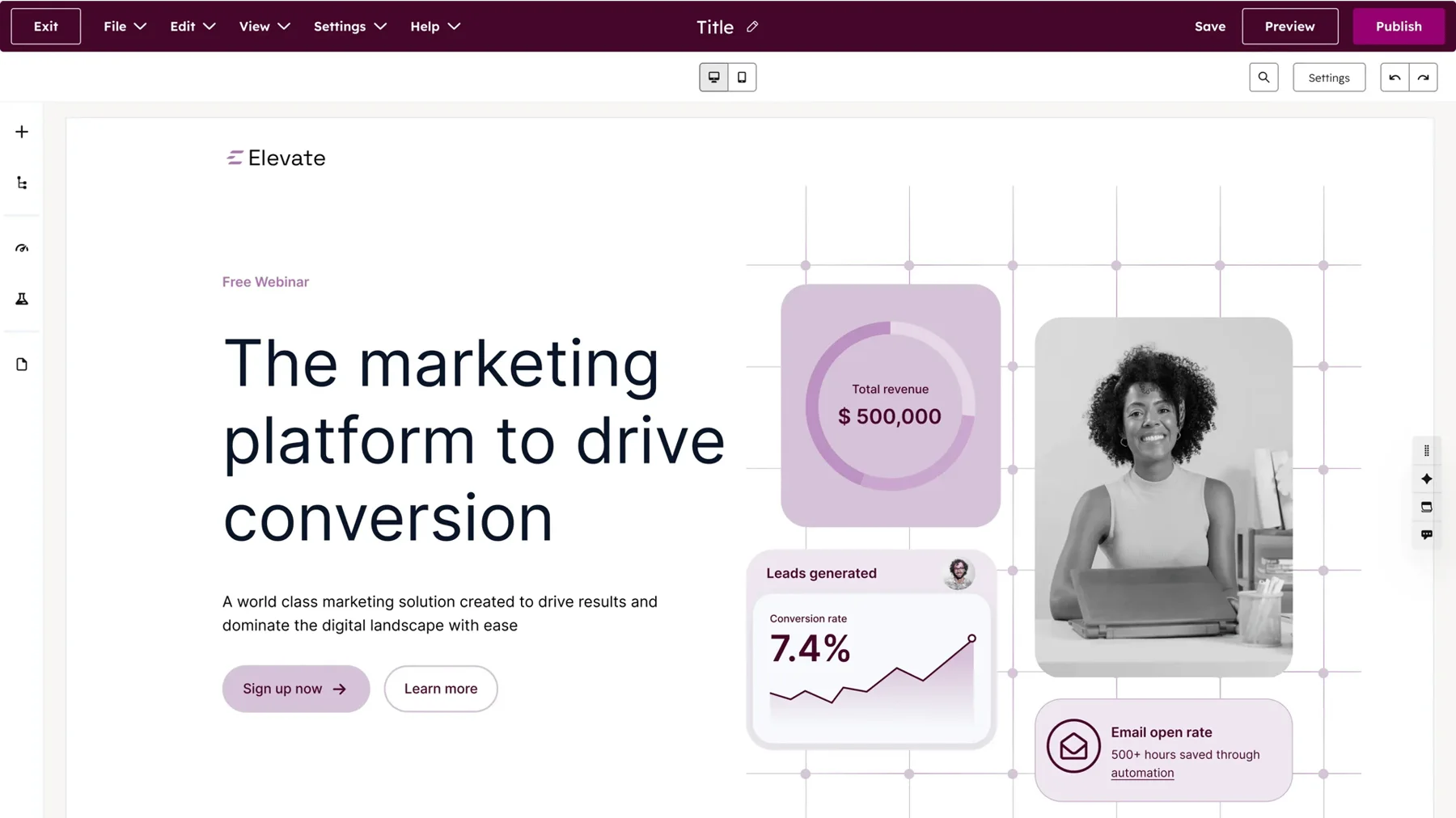 HubSpot Content Hub landing page builder interface