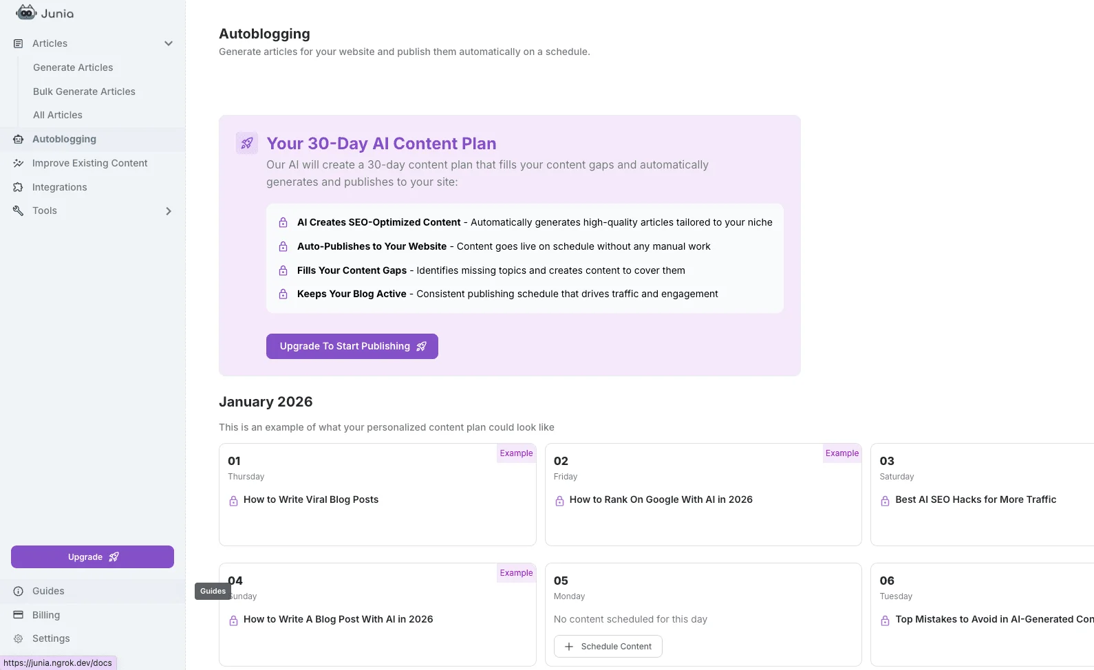 Junia AI content plan dashboard interface