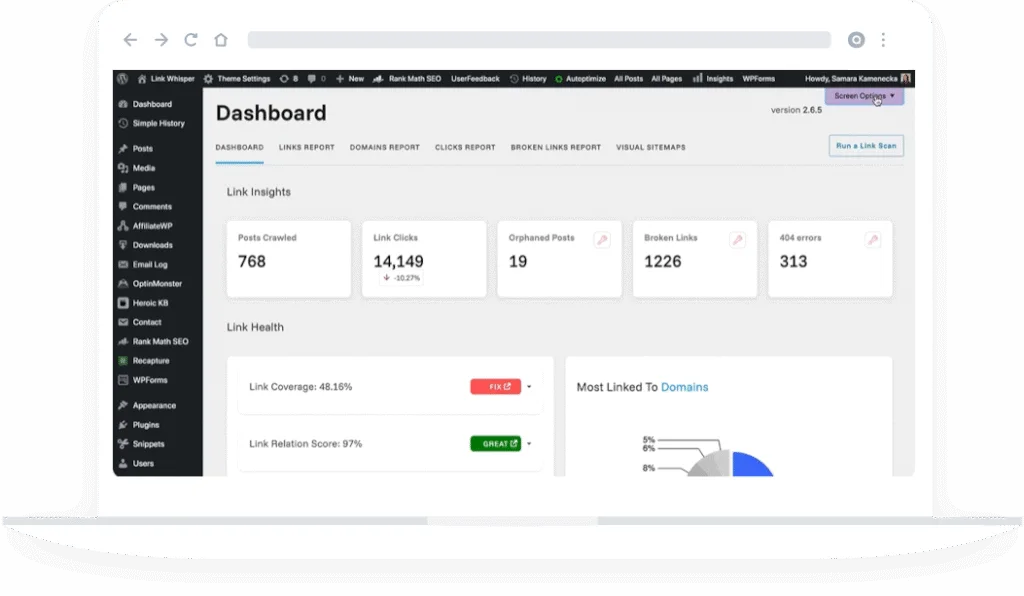 Link Whisper link reporting dashboard interface