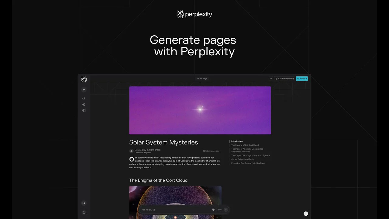 Perplexity Pages creation interface