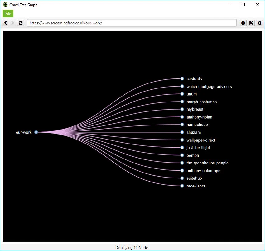 Screaming Frog SEO Spider crawl tree visualization interface