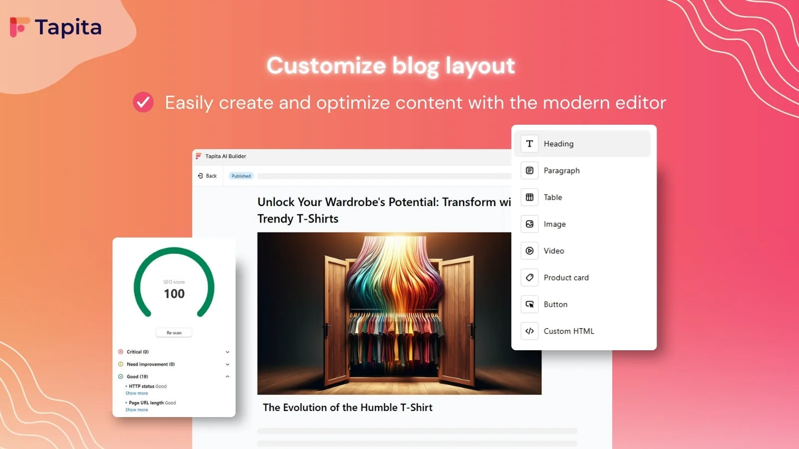 Tapita drag-and-drop Shopify blog editor interface
