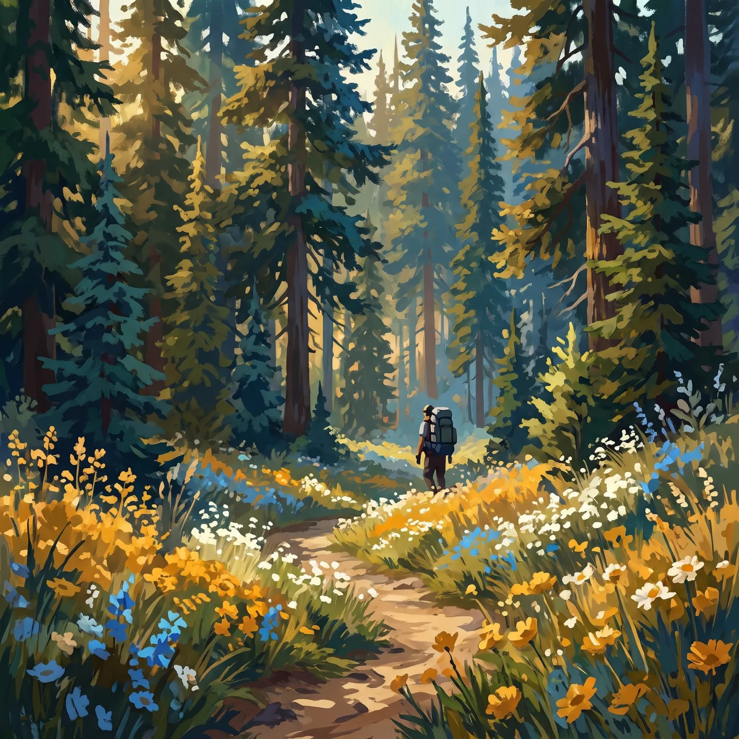 A hiker on a forest trail with mountains in the distance