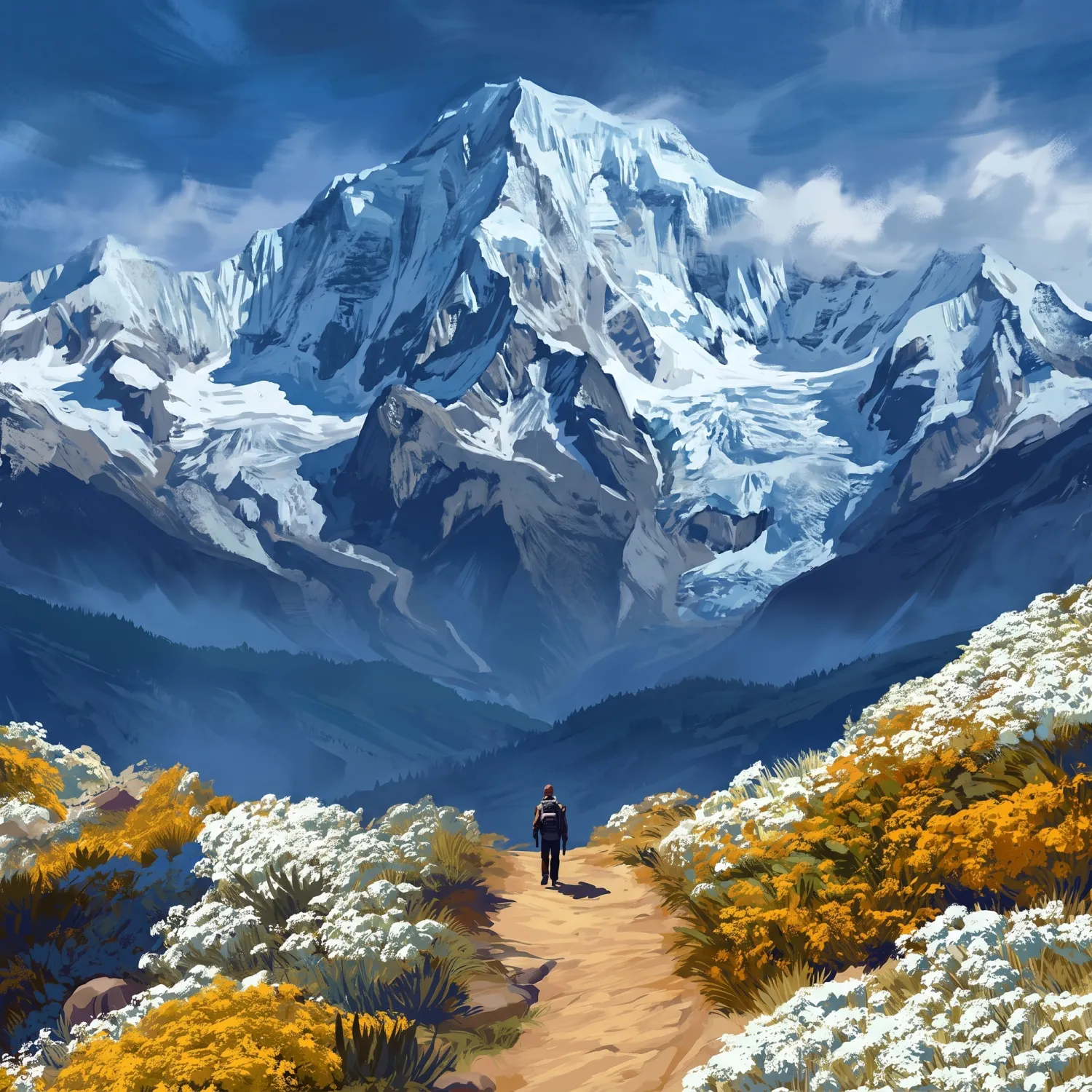A hiker on a trail below a snow-capped mountain