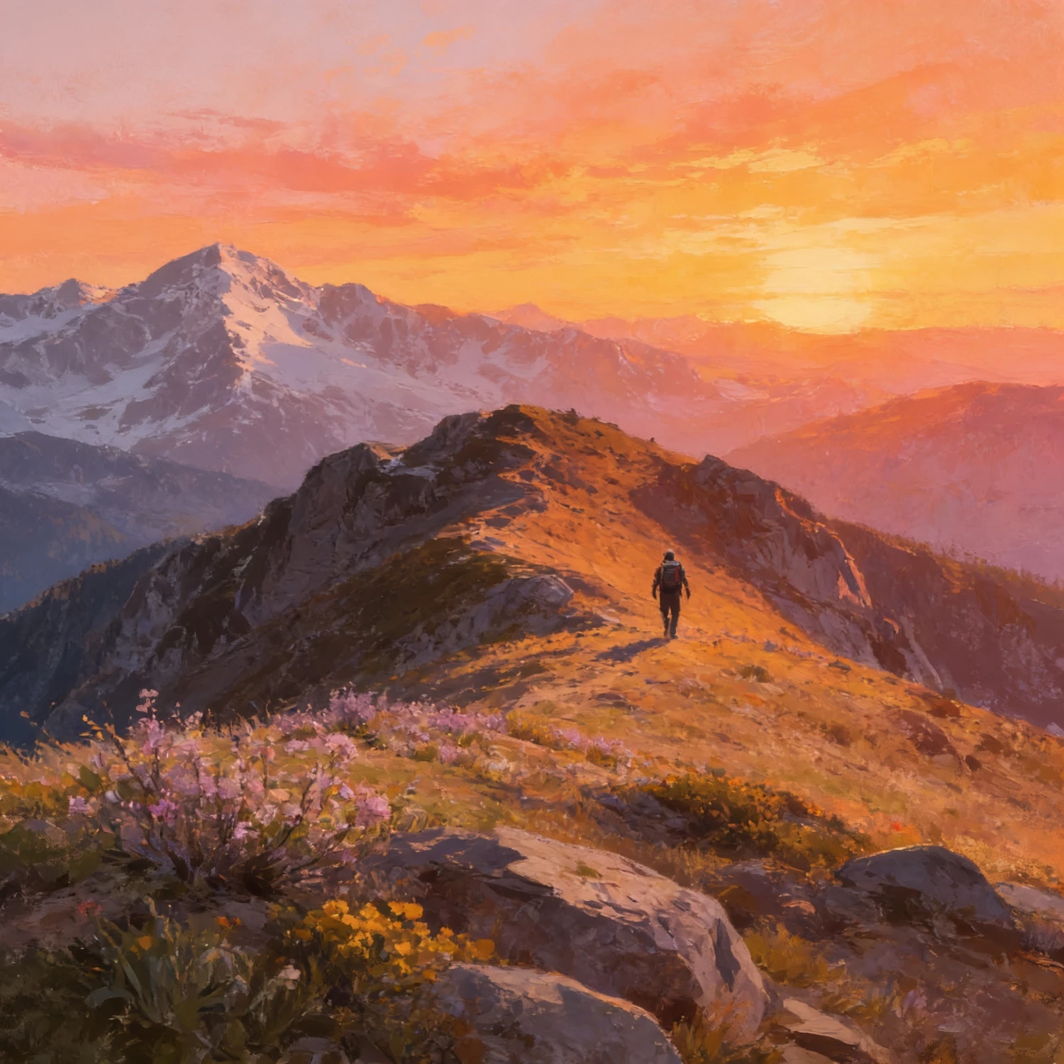 A hiker walking a mountain ridge toward the sunset